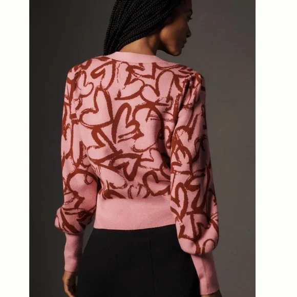 NWT Anthropologie Maeve V-Neck  Hearts Print Cardigan Sweater - Picture 3 of 13